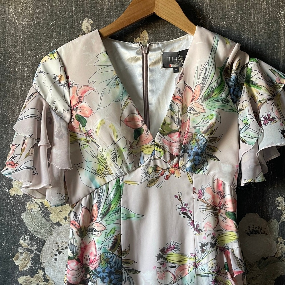 Theia Floral Ruffle Midi Dress‎ Blush Pink Size 0 - Picture 7 of 10